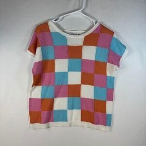 Staccato Womens Checkerboard Short Sleeve Knit Sweater Pink Orange Blue Size M